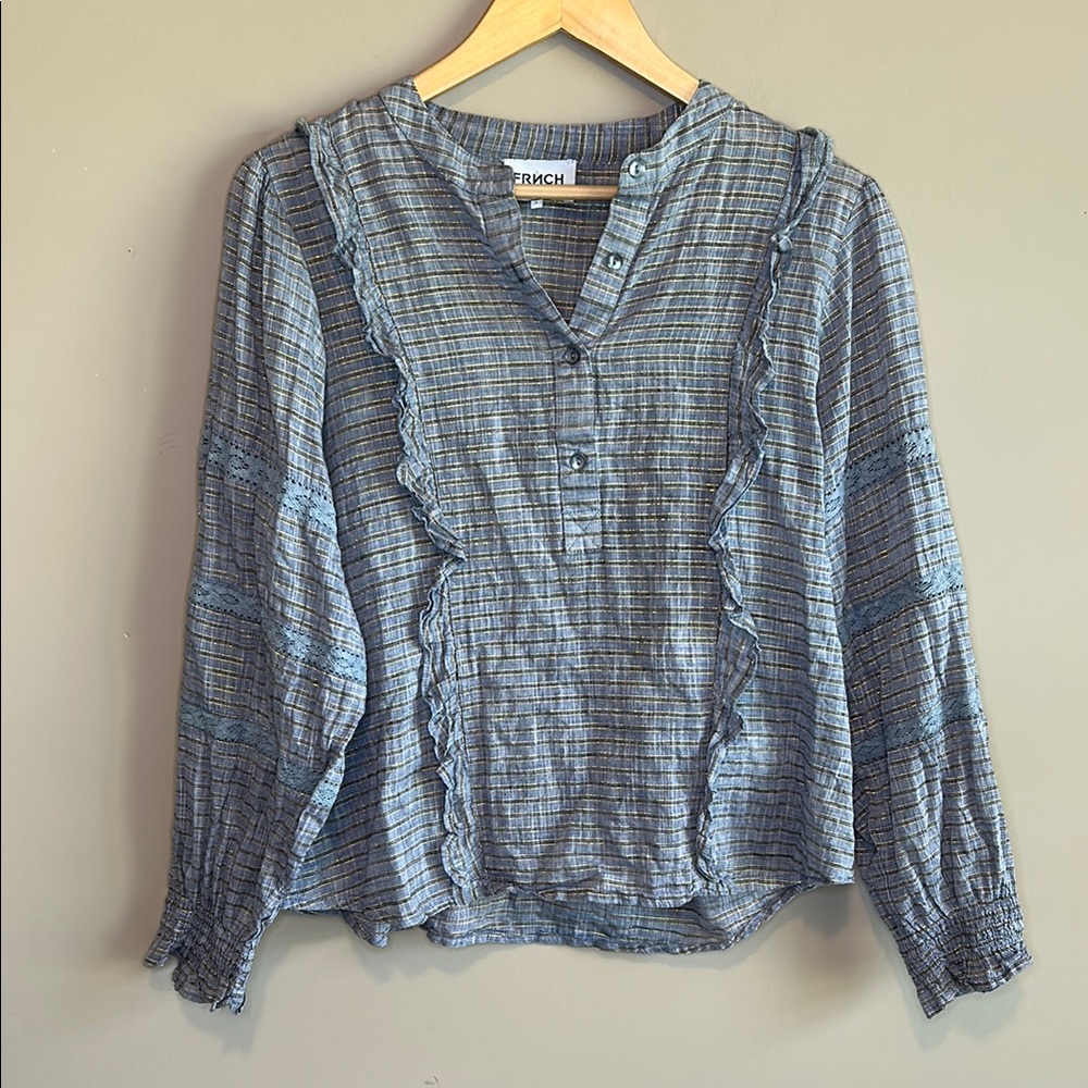 FRNCH Blue Ruffled Cuffed Sleeve Blouse